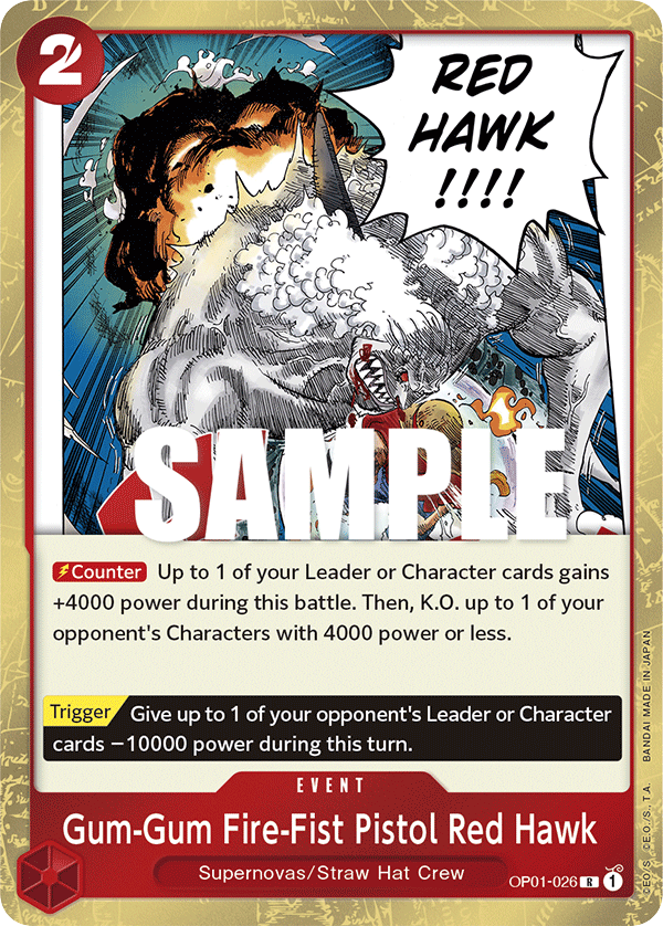 Gum-Gum Fire-Fist Pistol Red Hawk OP01-026 card, Romance Dawn
