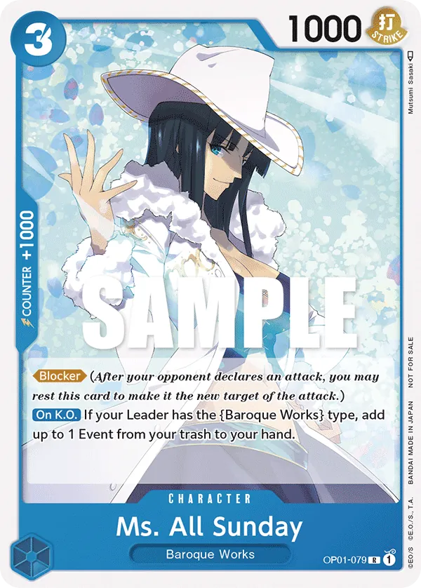 Ms. All Sunday OP01-079 Promotion Pack Alt Art card, Romance Dawn