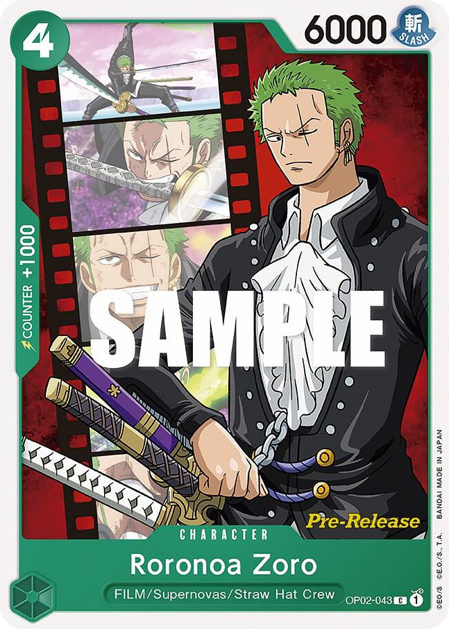 Roronoa Zoro OP02-043 Pre-Release Stamp card, Paramount War