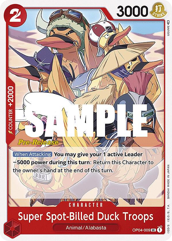 Super Spot-Billed Duck Troops OP04-009 Pre-Release Stamp card, Kingdoms of Intrigue