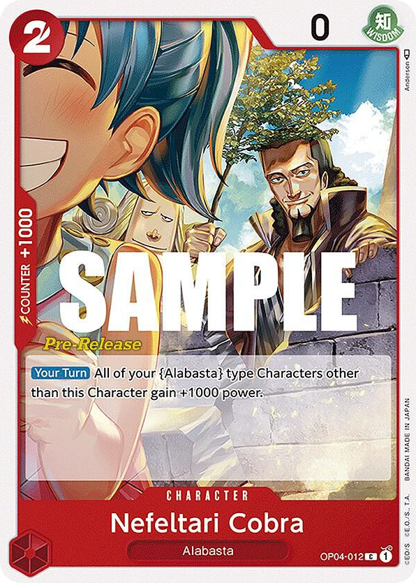 Nefeltari Cobra OP04-012 Pre-Release Stamp card, Kingdoms of Intrigue
