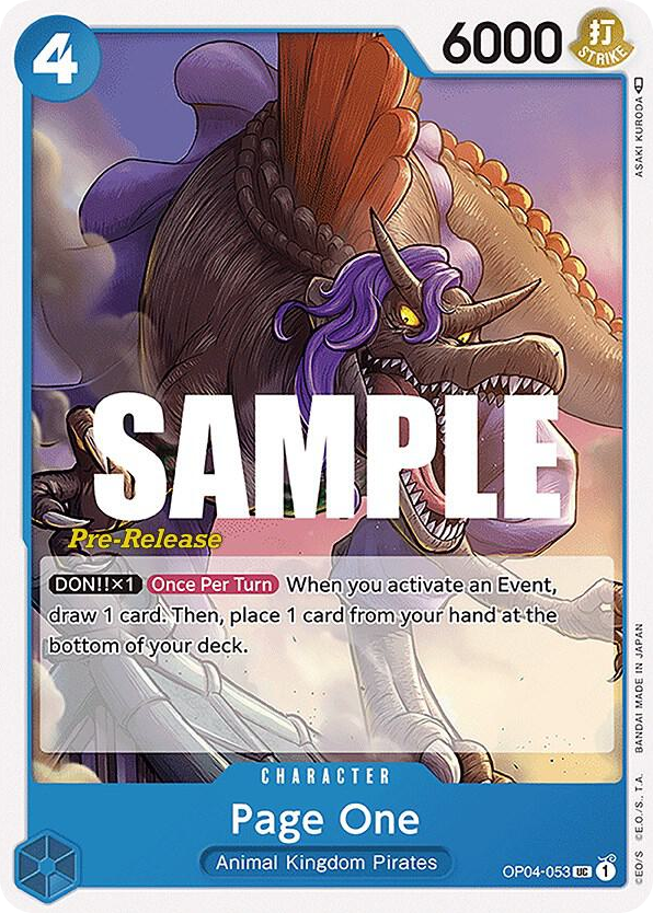 Page One OP04-053 Pre-Release Stamp card, Kingdoms of Intrigue