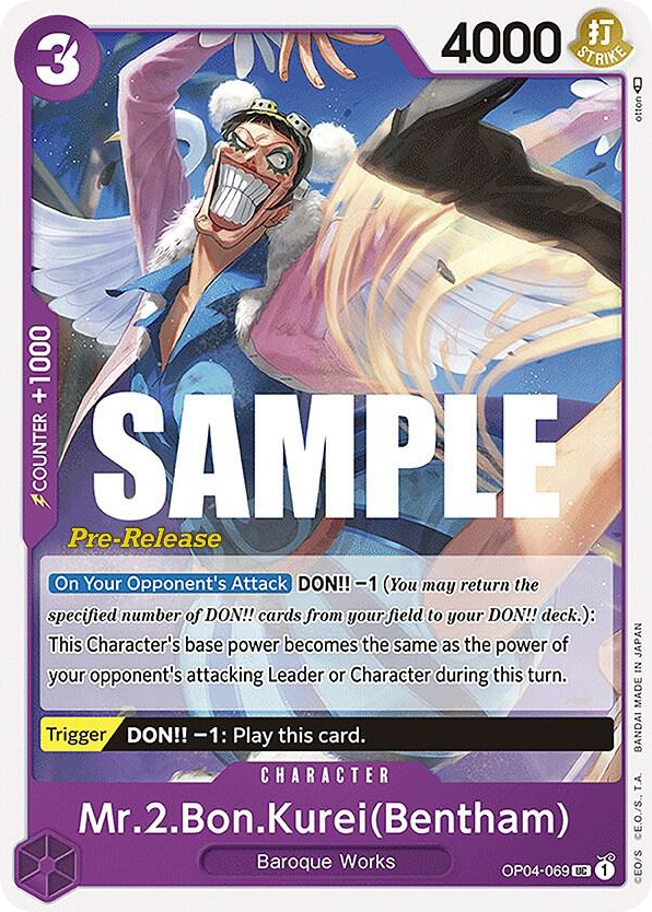 Mr.2.Bon.Kurei(Bentham) OP04-069 Pre-Release Stamp card, Kingdoms of Intrigue