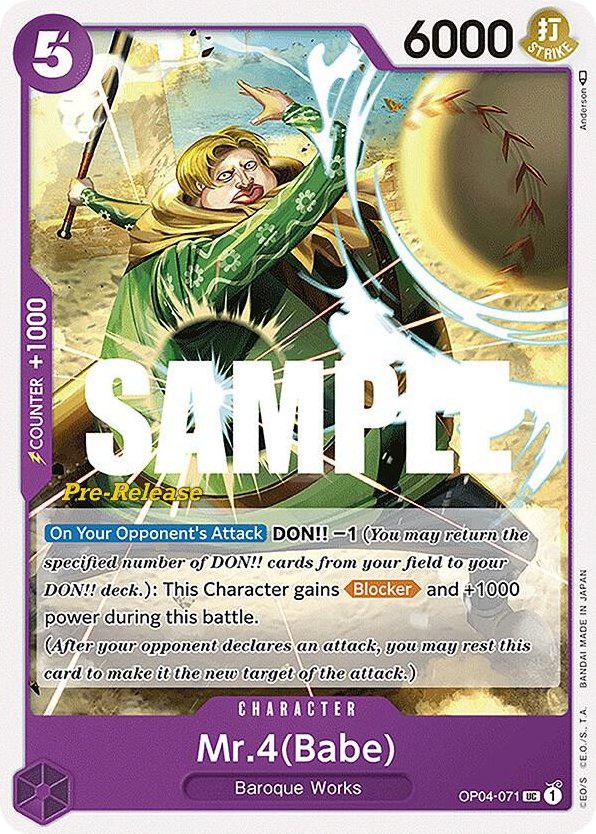 Mr.4(Babe) OP04-071 Pre-Release Stamp card, Kingdoms of Intrigue