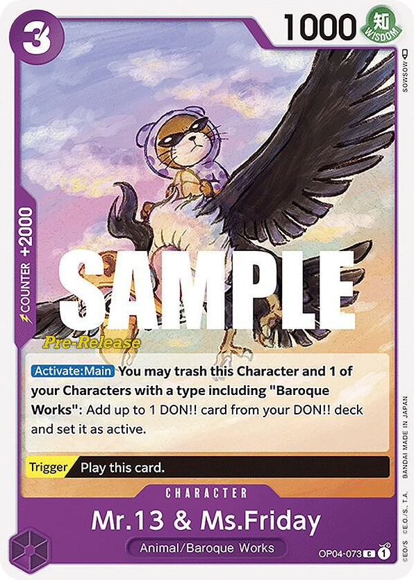 Mr.13 & Ms.Friday OP04-073 Pre-Release Stamp card, Kingdoms of Intrigue