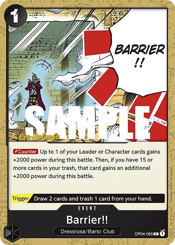 Barrier!! OP04-095 Pre-Release Stamp card, Kingdoms of Intrigue