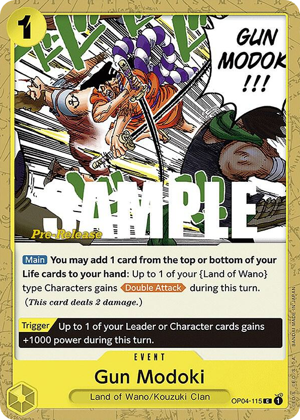 Gun Modoki OP04-115 Pre-Release Stamp card, Kingdoms of Intrigue