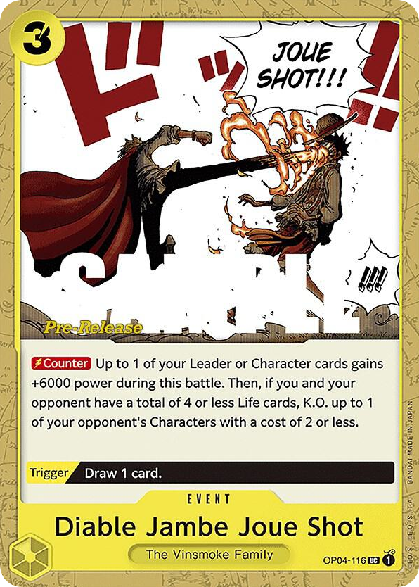 Diable Jambe Joue Shot OP04-116 Pre-Release Stamp card, Kingdoms of Intrigue