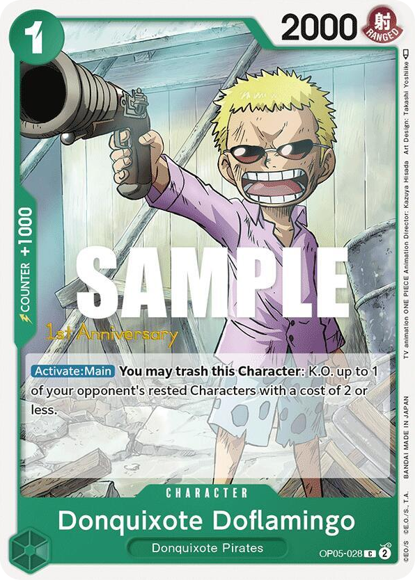 Donquixote Doflamingo OP05-028 First Anniversary Stamp card, Awakening of the New Era