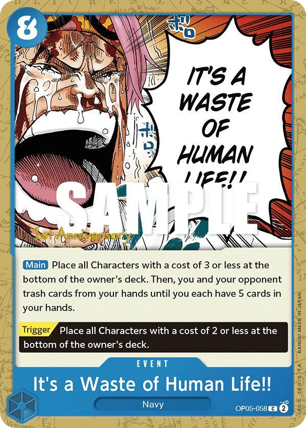 It's a Waste of Human Life!! OP05-058 First Anniversary Stamp card, Awakening of the New Era