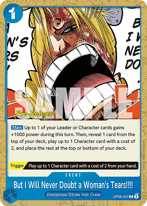 But I Will Never Doubt a Woman's Tears!!!! OP06-057 Pre-Release Stamp card, Wings of the Captain