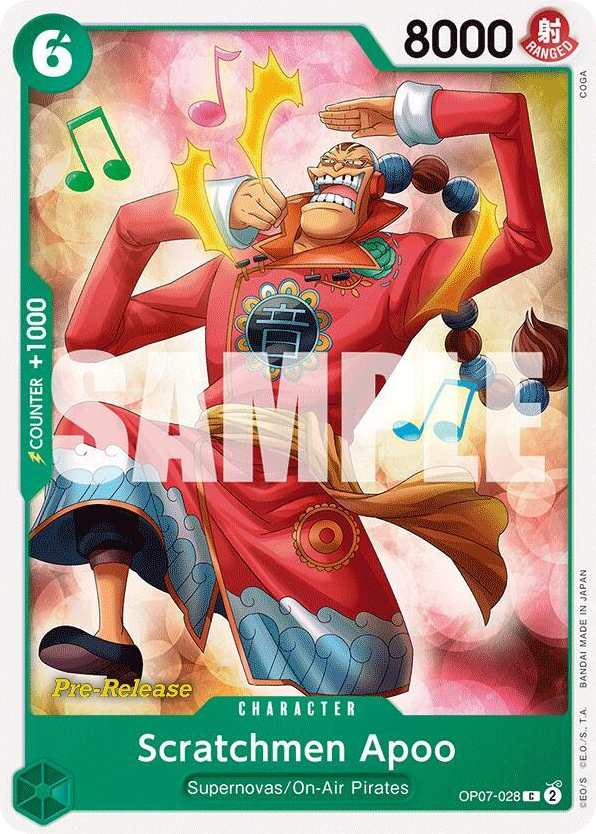 Scratchmen Apoo OP07-028 Pre-Release Stamp card, 500 Years In The Future
