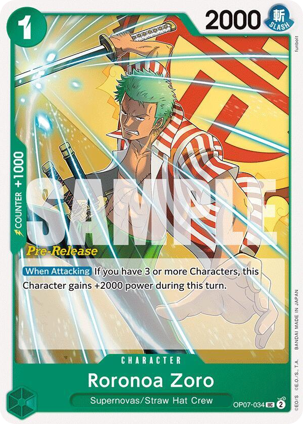 Roronoa Zoro OP07-034 Pre-Release Stamp card, 500 Years In The Future