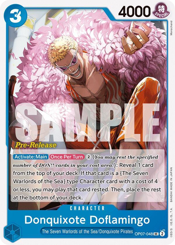 Donquixote Doflamingo OP07-048 Pre-Release Stamp card, 500 Years In The Future