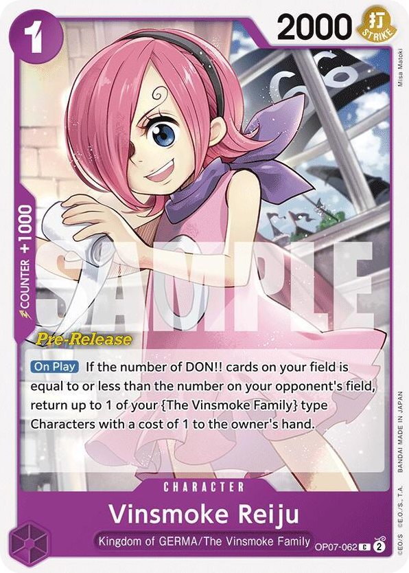 Vinsmoke Reiju OP07-062 Pre-Release Stamp card, 500 Years In The Future