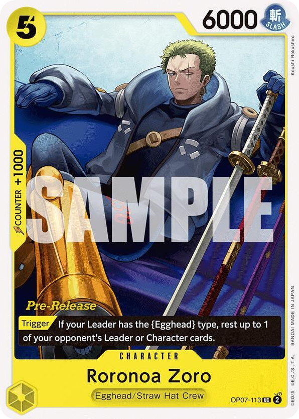Roronoa Zoro OP07-113 Pre-Release Stamp card, 500 Years In The Future