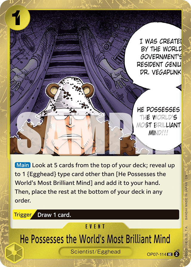 He Possesses the World's Most Brilliant Mind OP07-114 Pre-Release Stamp card, 500 Years In The Future