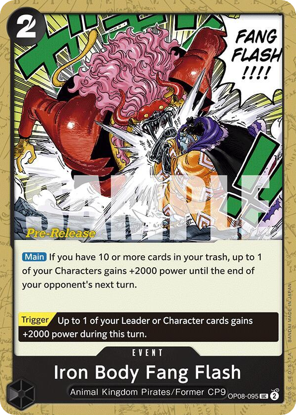 Iron Body Fang Flash OP08-095 Pre-Release Stamp card, Two Legends