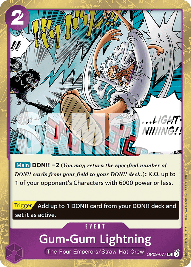 Gum-Gum Lightning OP09-077 Jolly Roger Foil card, Emperors In The New World
