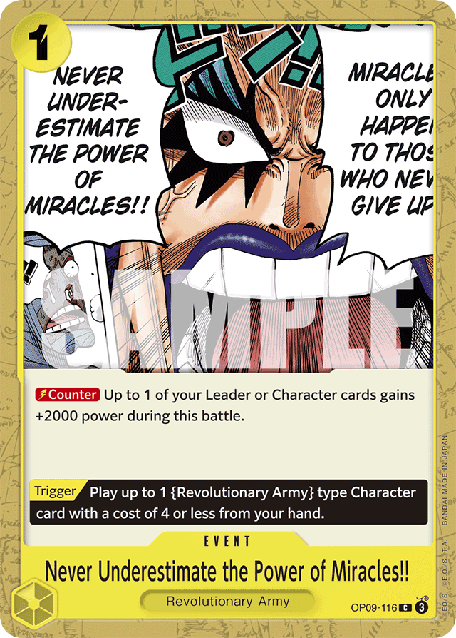 Never Underestimate the Power of Miracles!! OP09-116 card, Emperors In The New World