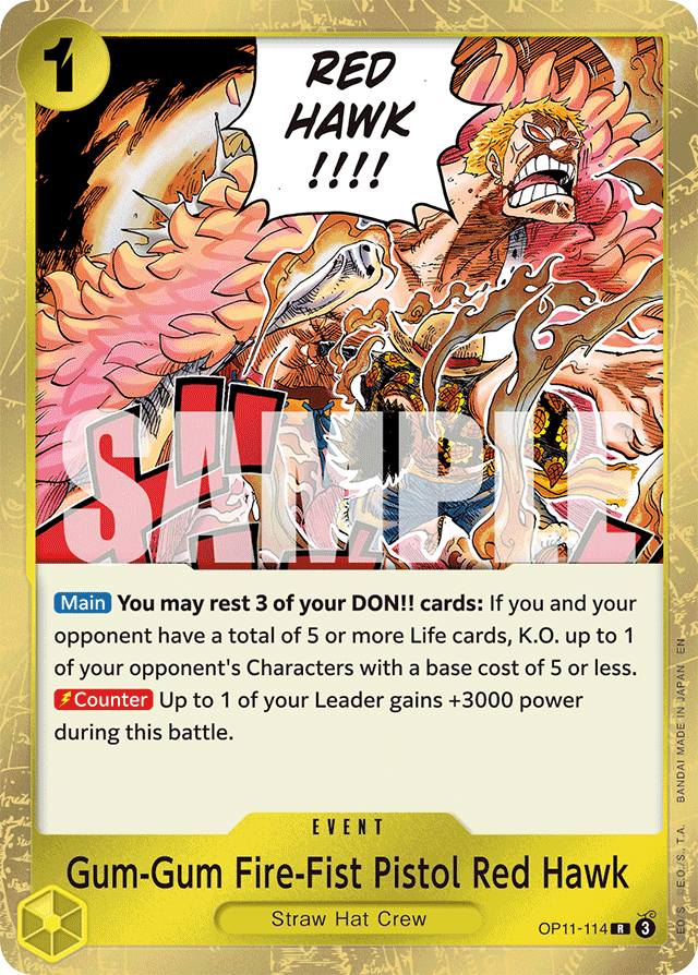 Gum-Gum Fire-Fist Pistol Red Hawk OP11-114 card, A Fist Of Divine Speed