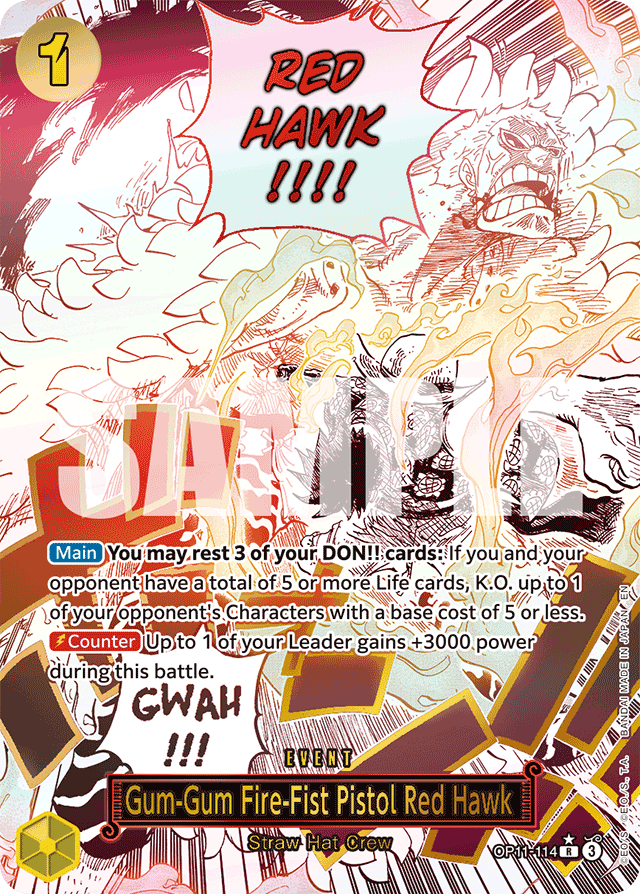 Gum-Gum Fire-Fist Pistol Red Hawk OP11-114 Alt Art card, A Fist Of Divine Speed