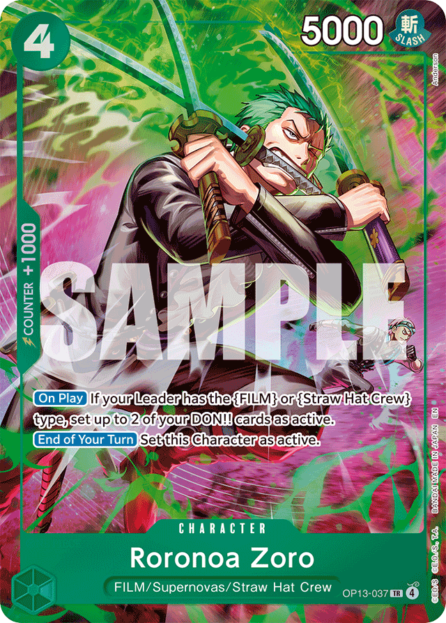 Roronoa Zoro OP13-037 Treasure Rare card, Carrying On His Will
