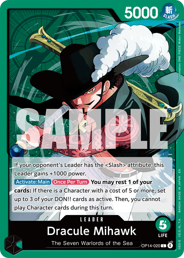 Dracule Mihawk OP14-020 card, The Azure Sea's Seven