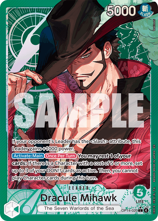 Dracule Mihawk OP14-020 Alt Art card, The Azure Sea's Seven