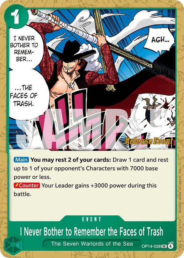 I Never Bother to Remember the Faces of Trash OP14-038 Release Event Stamp card, The Azure Sea's Seven