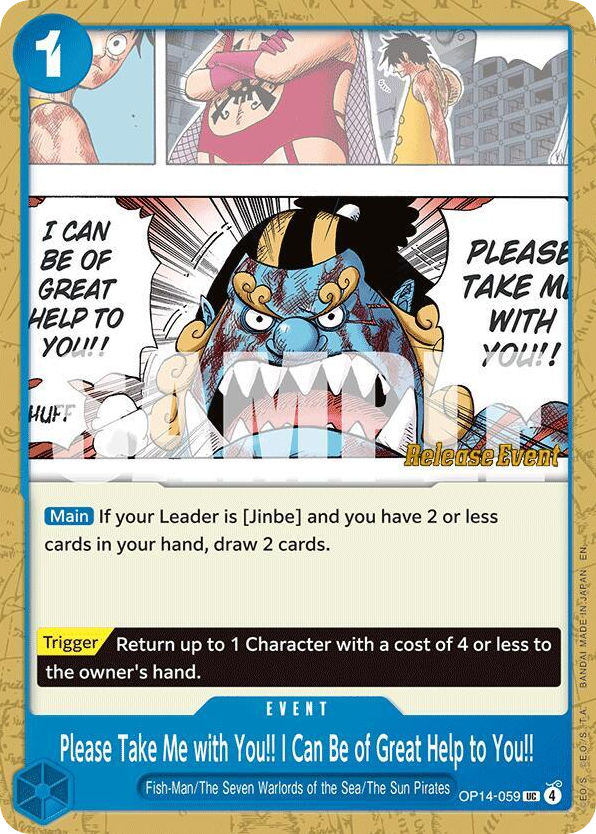 Please Take Me with You!! I Can Be of Great Help to You!! OP14-059 Release Event Stamp card, The Azure Sea's Seven
