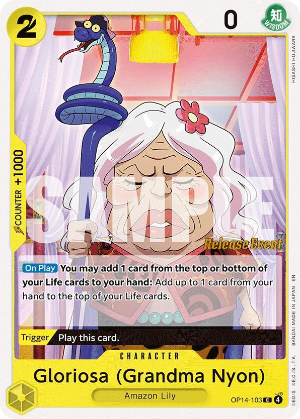 Gloriosa (Grandma Nyon) OP14-103 Release Event Stamp card, The Azure Sea's Seven