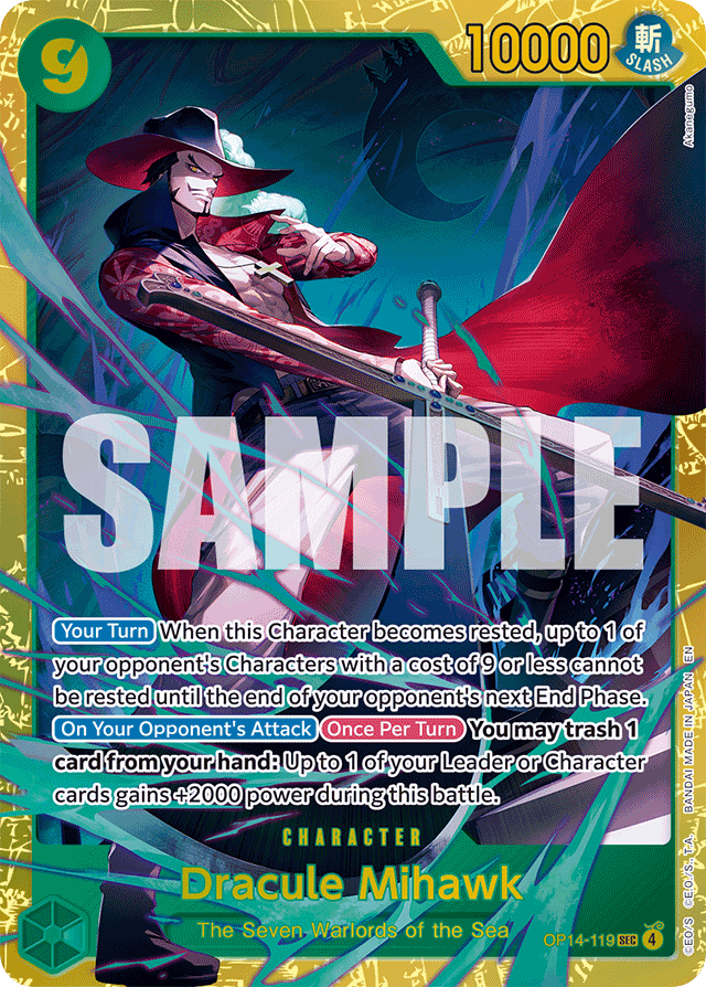 Dracule Mihawk OP14-119 card, The Azure Sea's Seven