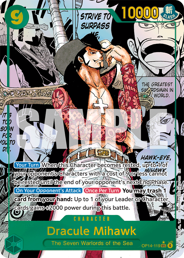 Dracule Mihawk OP14-119 Manga Alt Art card, The Azure Sea's Seven