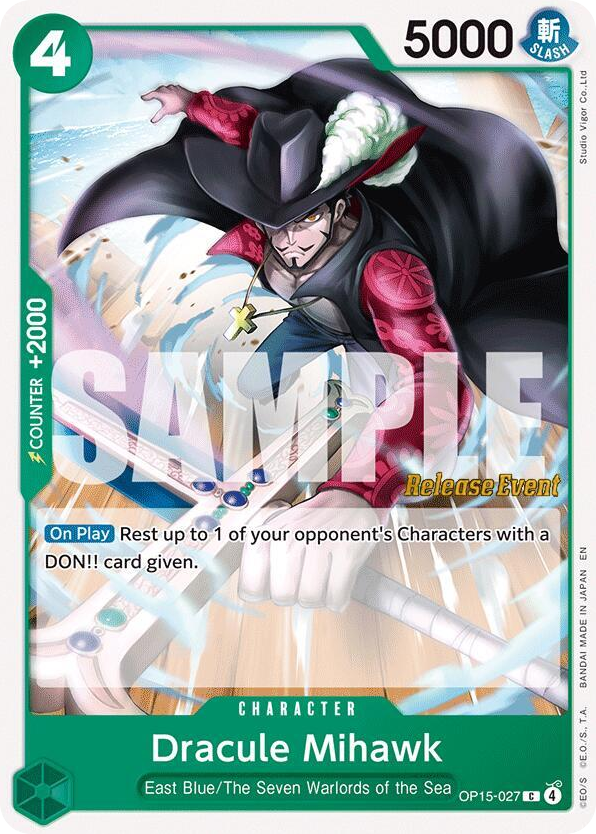 Dracule Mihawk OP15-027 Release Event Stamp card, Adventure on Kami's Island