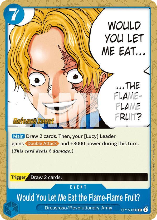 Would You Let Me Eat the Flame-Flame Fruit? OP15-056 Release Event Stamp card, Adventure on Kami's Island