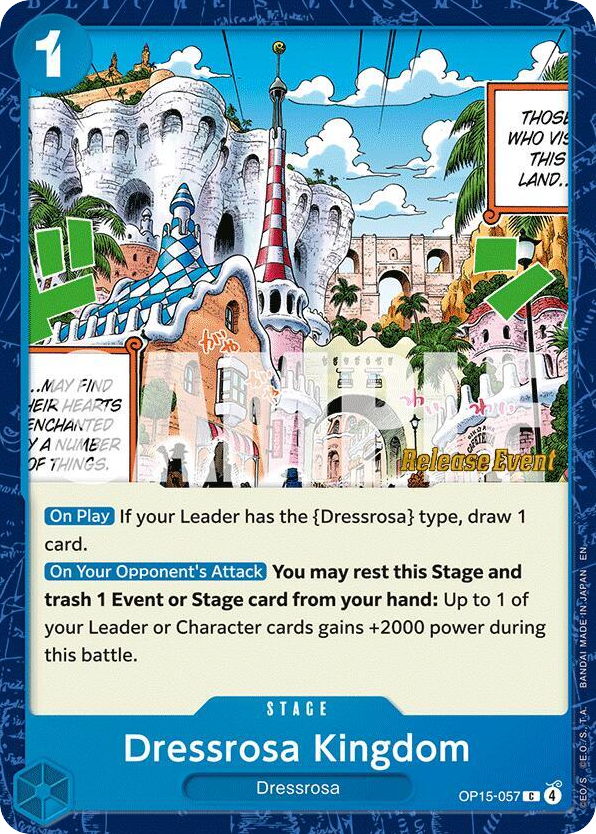 Dressrosa Kingdom OP15-057 Release Event Stamp card, Adventure on Kami's Island