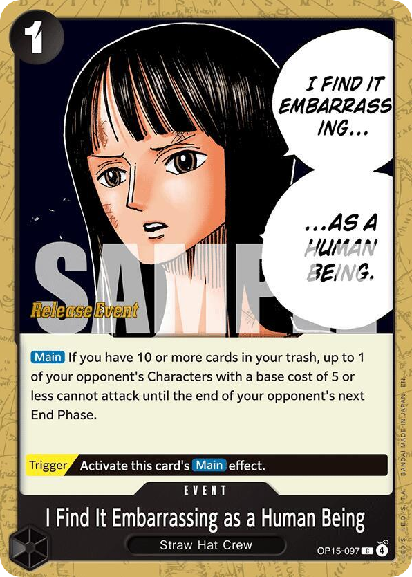 I Find It Embarrassing as a Human Being OP15-097 Release Event Stamp card, Adventure on Kami's Island
