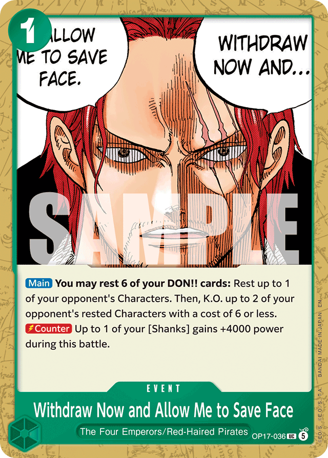 Withdraw Now and Allow Me to Save Face OP17-036 card, The World's Strongest Warriors