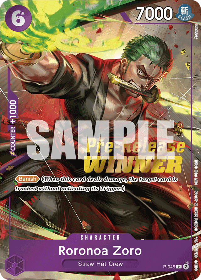 Roronoa Zoro P-045 Pre-Release Winner Stamp card, Promos