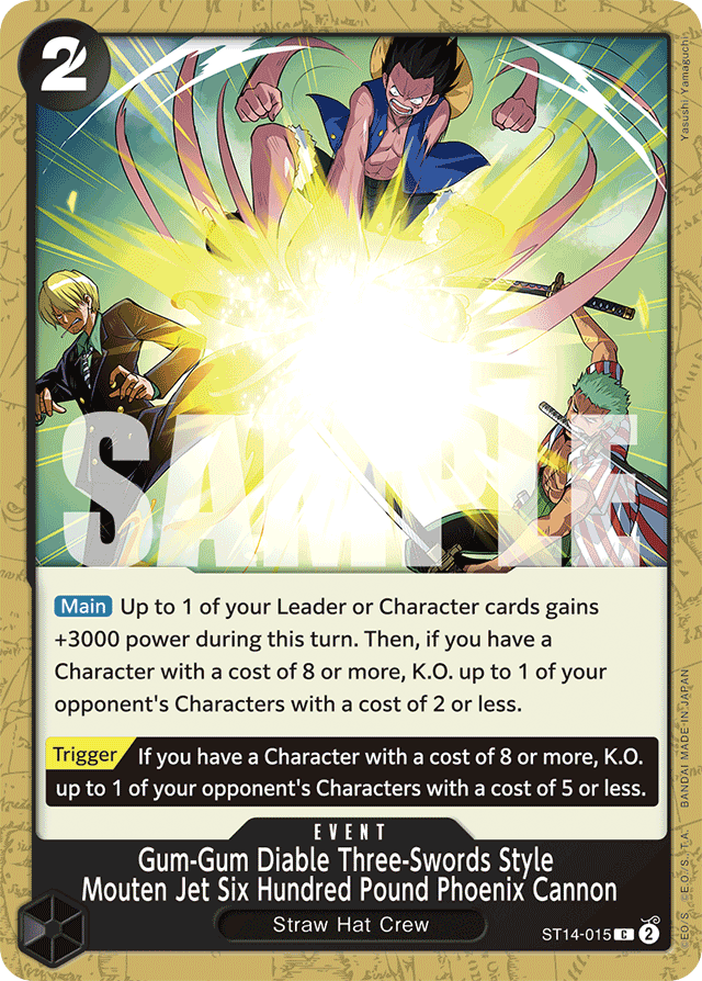 Gum-Gum Diable Three-Swords Style Mouten Jet Six Hundred Pound Phoenix Cannon ST14-015 card, 3D2Y